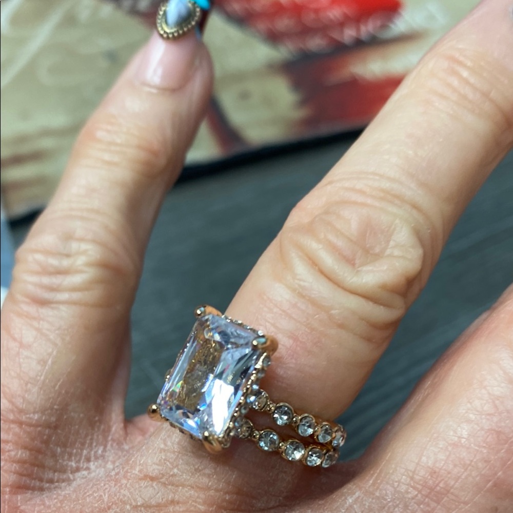 2 PCs-18K Gold-Plated Cathedral Emerald-Cut CZ Statement Ring - Women Jewelry